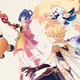 Illustration of Genshin Impact characters Aether, Paimon, Xiangling, Keqing, and Guoba.